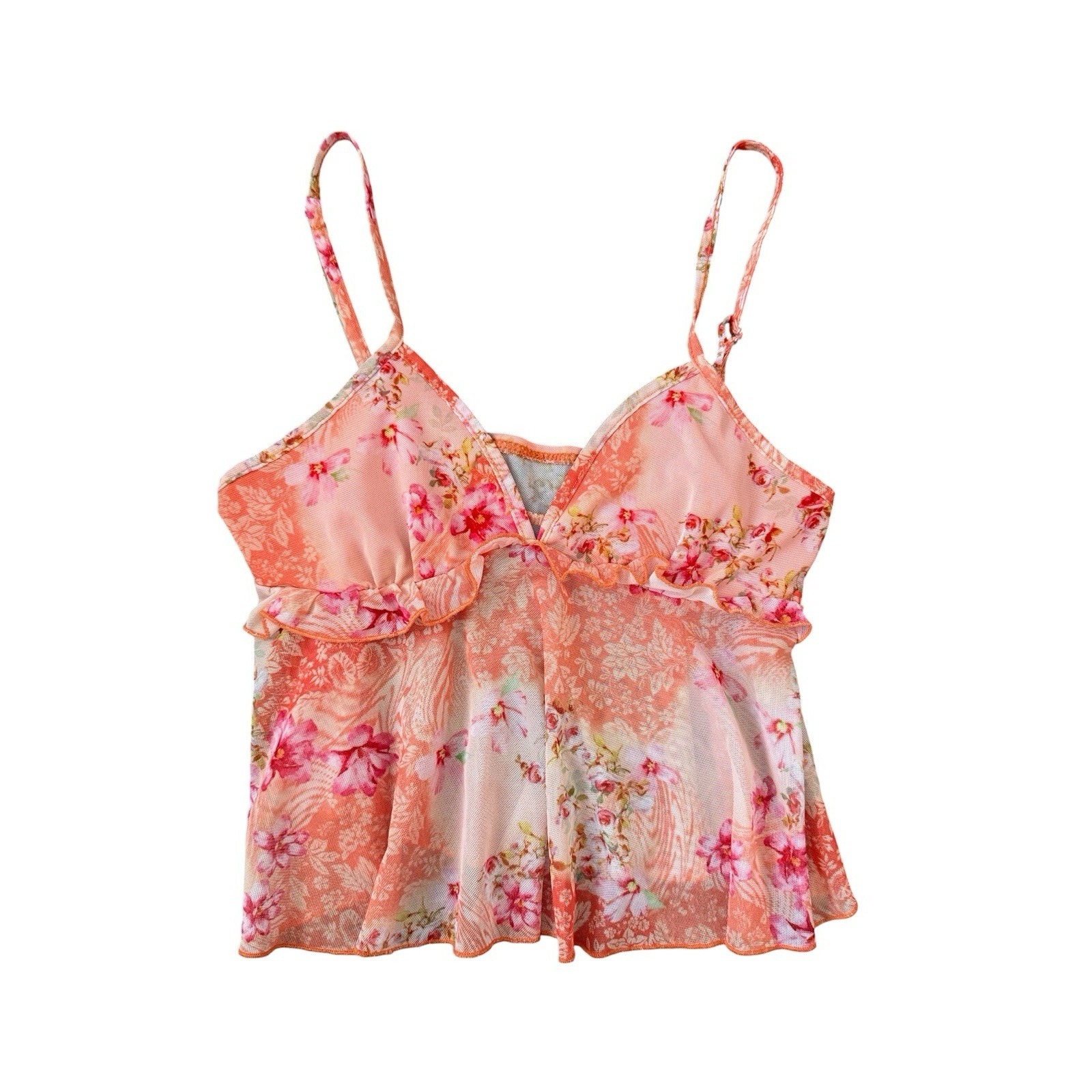 Mesh Babydoll Crop Top Womens Small Orange Floral Summer Y2k Beachy Travel Boho